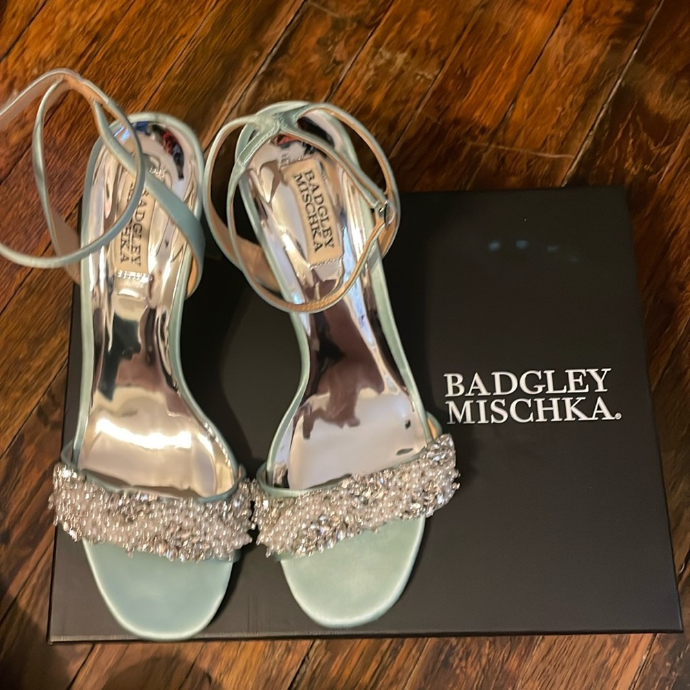 Badgley Mischka light blue Clara embellished block heeled sandals